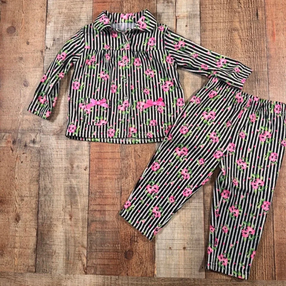 Betsey Johnson 18M Floral Striped Pajama Set Pink Black White Rose Girls